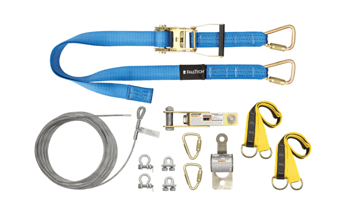 100' SteelGrip Plus Temp Cable HLL Kit with Ratchet Strap Tensioner + 6' Web Pass-thru Anchors