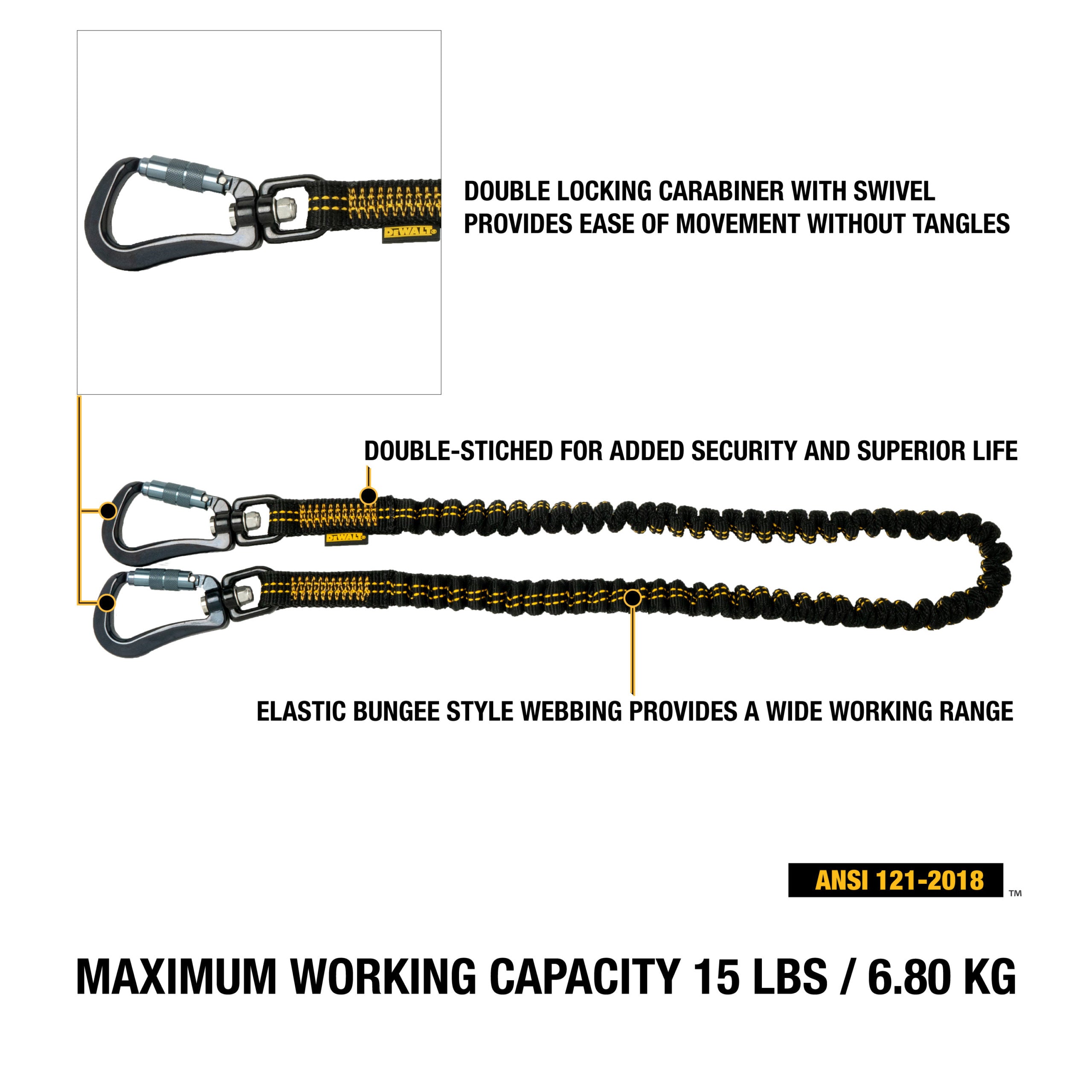 DEWALT Power Tool Lanyard with Dual Carabiner  75 in.( 1.90m), 15 lbs. (6.8 kg) capacity