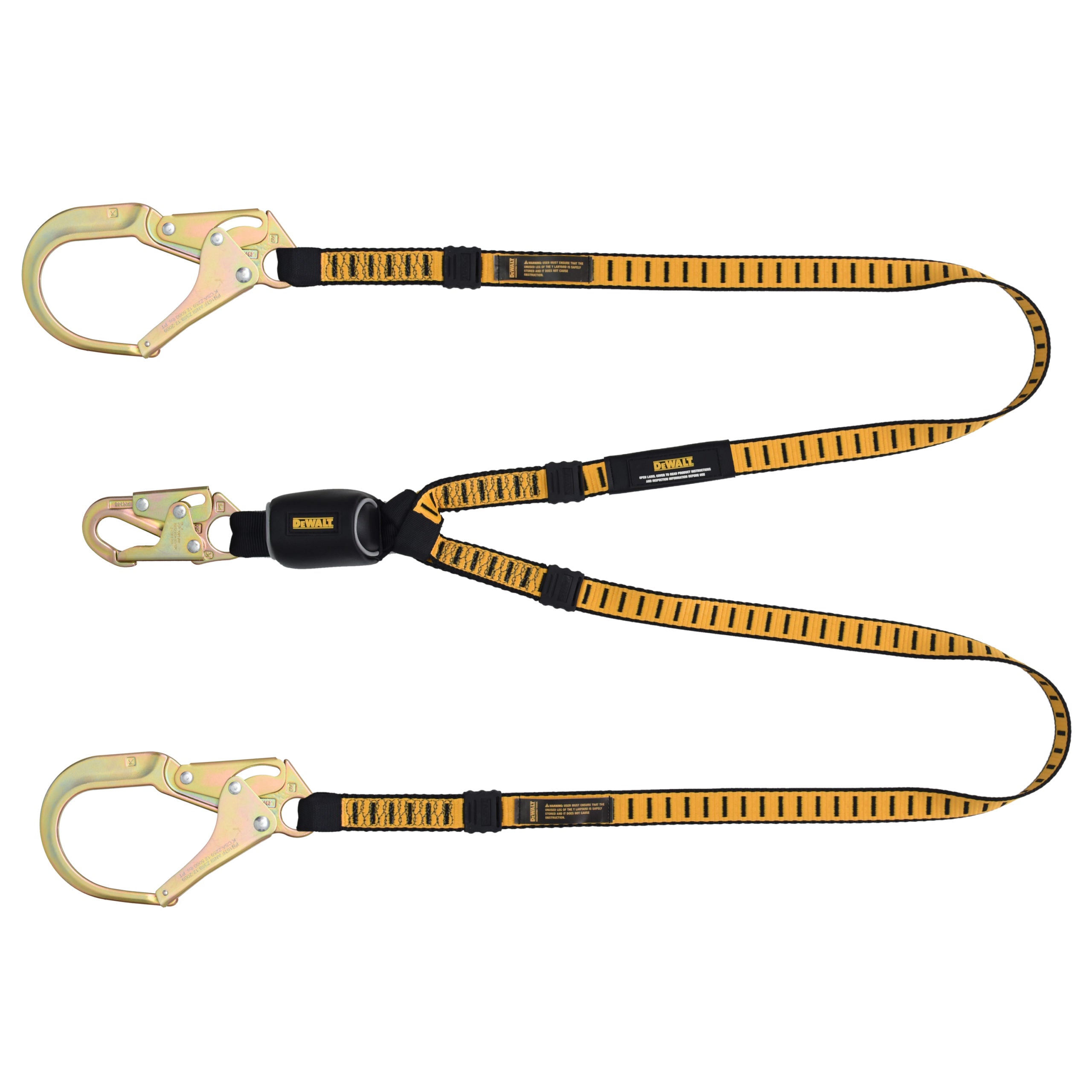 DEWALT 6 ft.(1.8 m) Twin Leg Lanyard External Absorber, Snap hook on D-Ring End and Steel Rebar Hooks on Anchor End