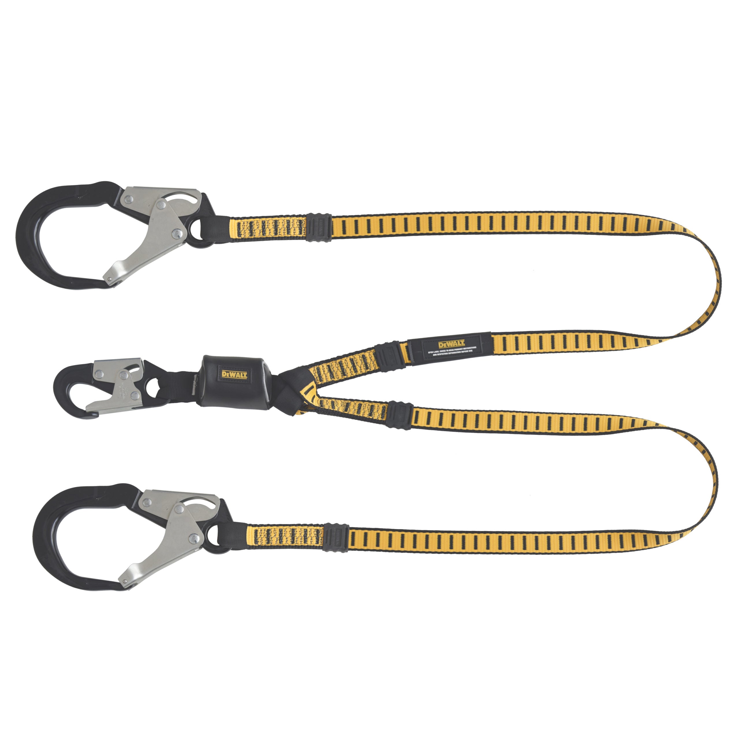 DEWALT 6 ft.(1.8 m) Twin Leg Lanyard External Absorber, Aluminum Snap hooks on D-Ring End and Aluminum Rebar Hook on Anchor End