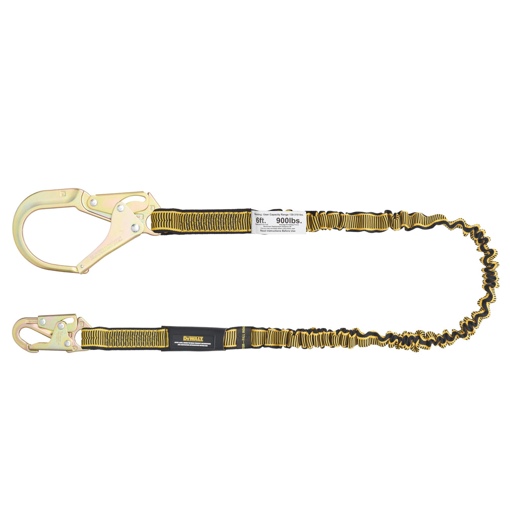 DEWALT 6 ft. (1.8 m) Single Leg Lanyard Internal Energy Absorbing with Steel Snap Hook on D-Ring End and Steel Rebar Hook on Anchor End.