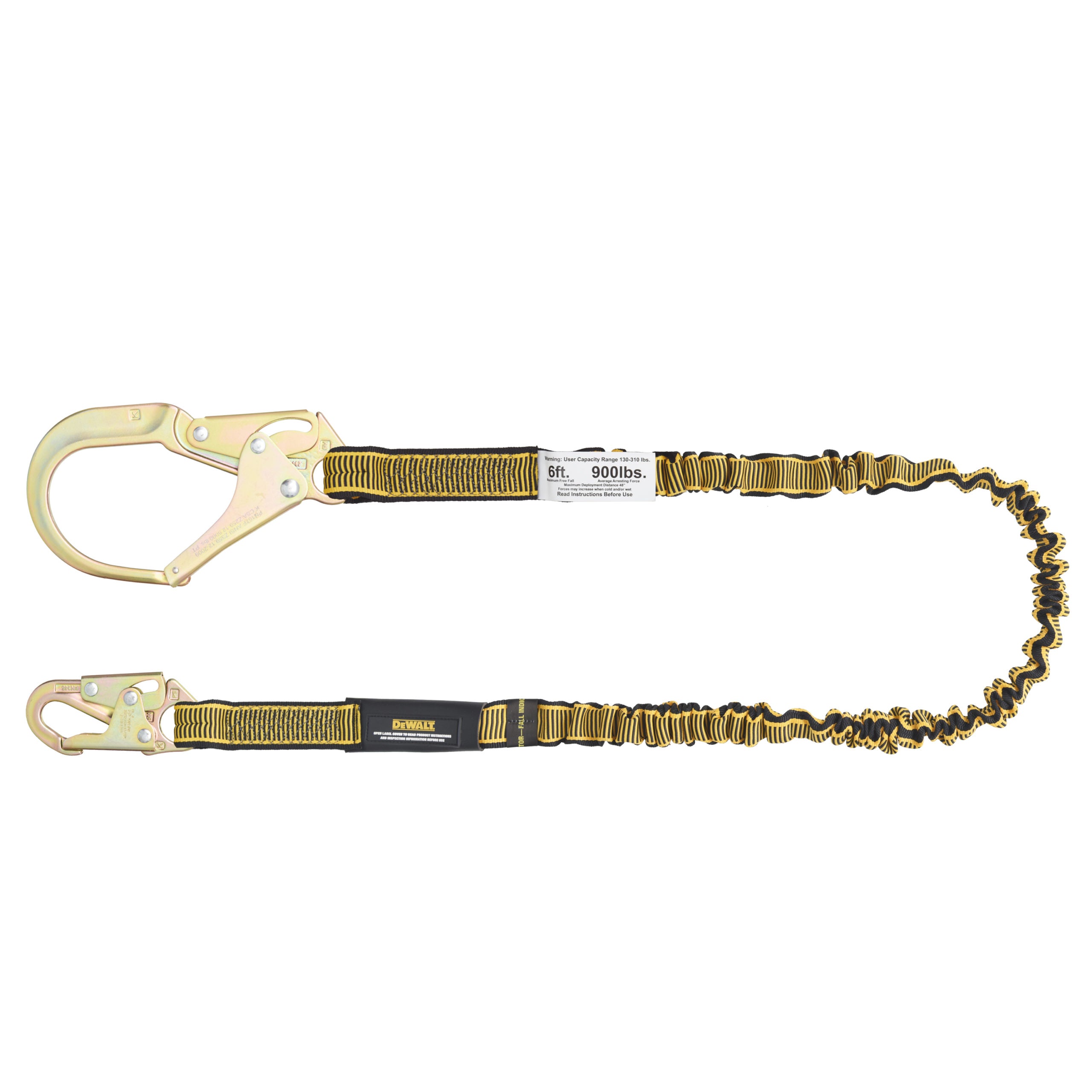 DEWALT 6 ft. (1.8 m) Single Leg Lanyard Internal Energy Absorbing with Steel Snap Hook on D-Ring End and Steel Rebar Hook on Anchor End.