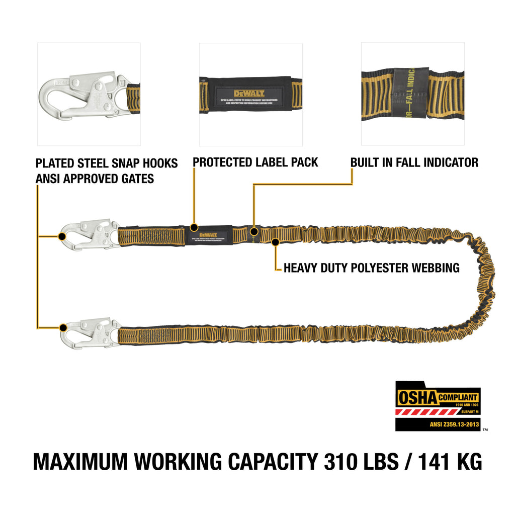 DEWALT 6 ft. (1.8 m) SINGLE LEG LANYARD Internal Absorber, with Steel Snap hooks on both ends