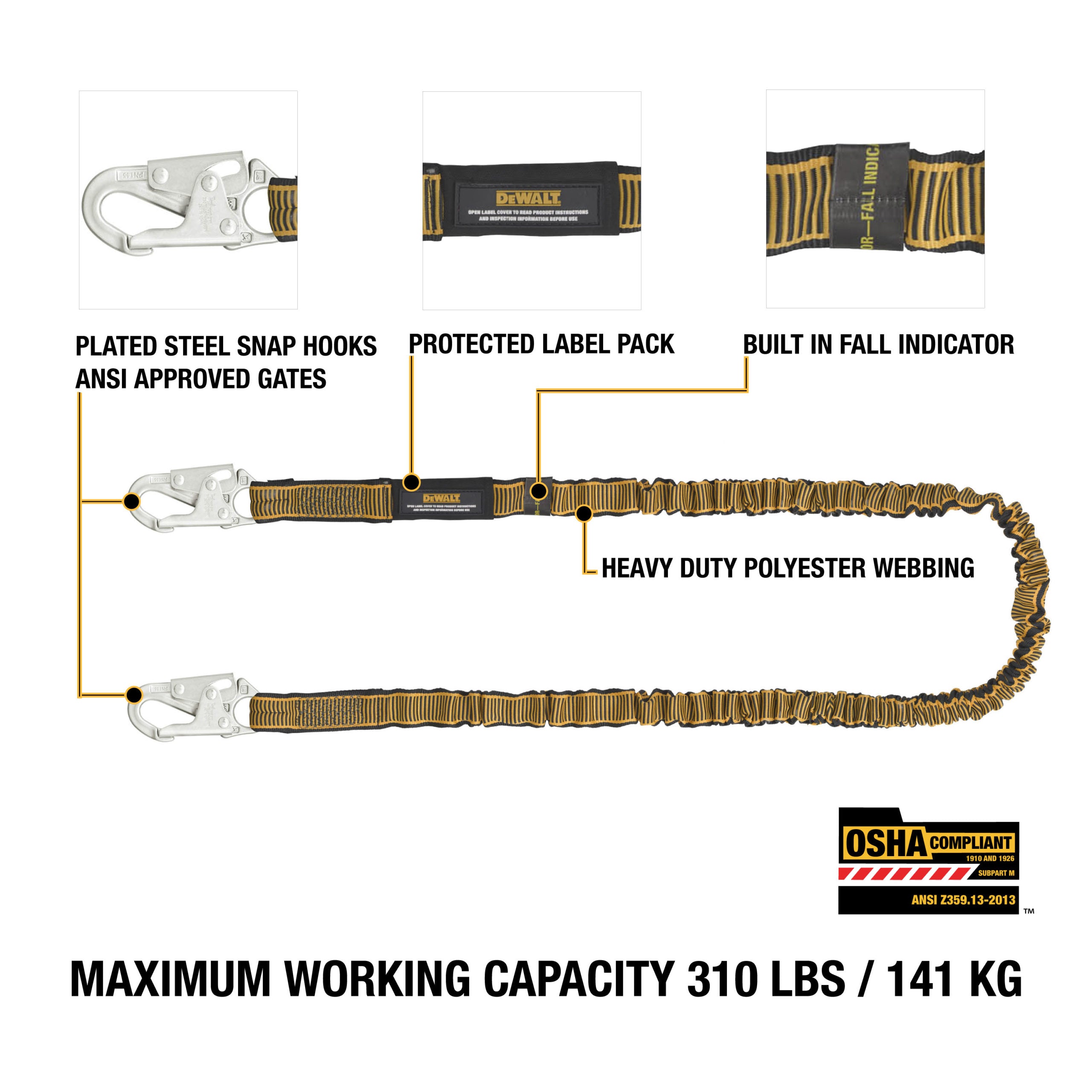 DEWALT 6 ft. (1.8 m) SINGLE LEG LANYARD Internal Absorber, with Steel Snap hooks on both ends