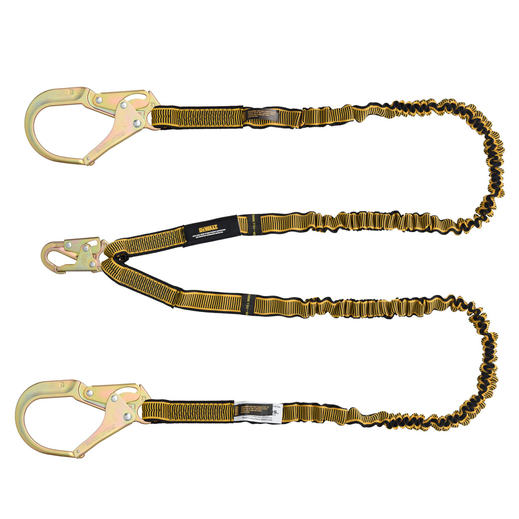 DEWALT 6 ft. (1.8 m) Lanyard, Twin, Internal Absorber with Steel Snap hooks on D-Ring End and Steel Rebar Hooks on Anchor End