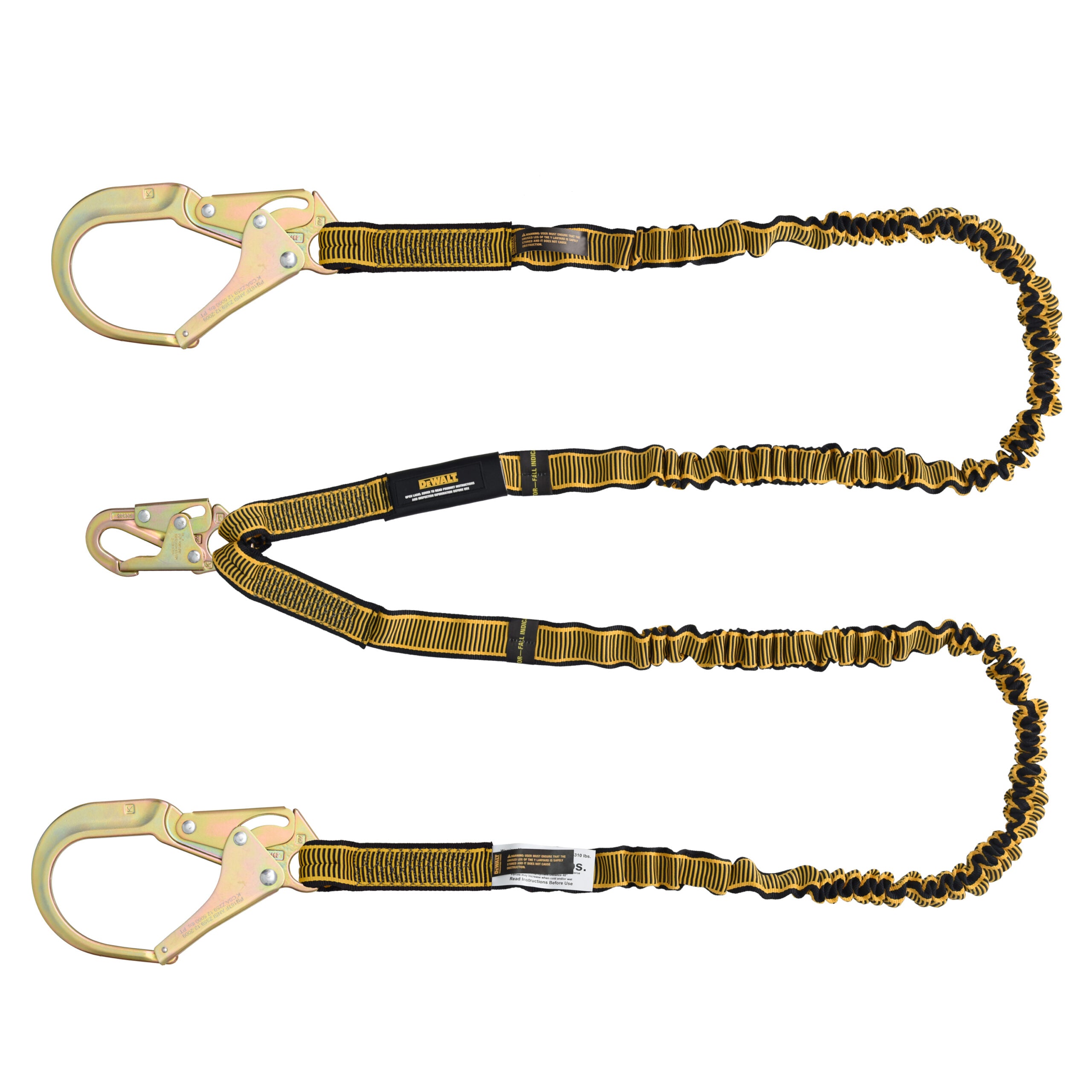 DEWALT 6 ft. (1.8 m) Lanyard, Twin, Internal Absorber with Steel Snap hooks on D-Ring End and Steel Rebar Hooks on Anchor End