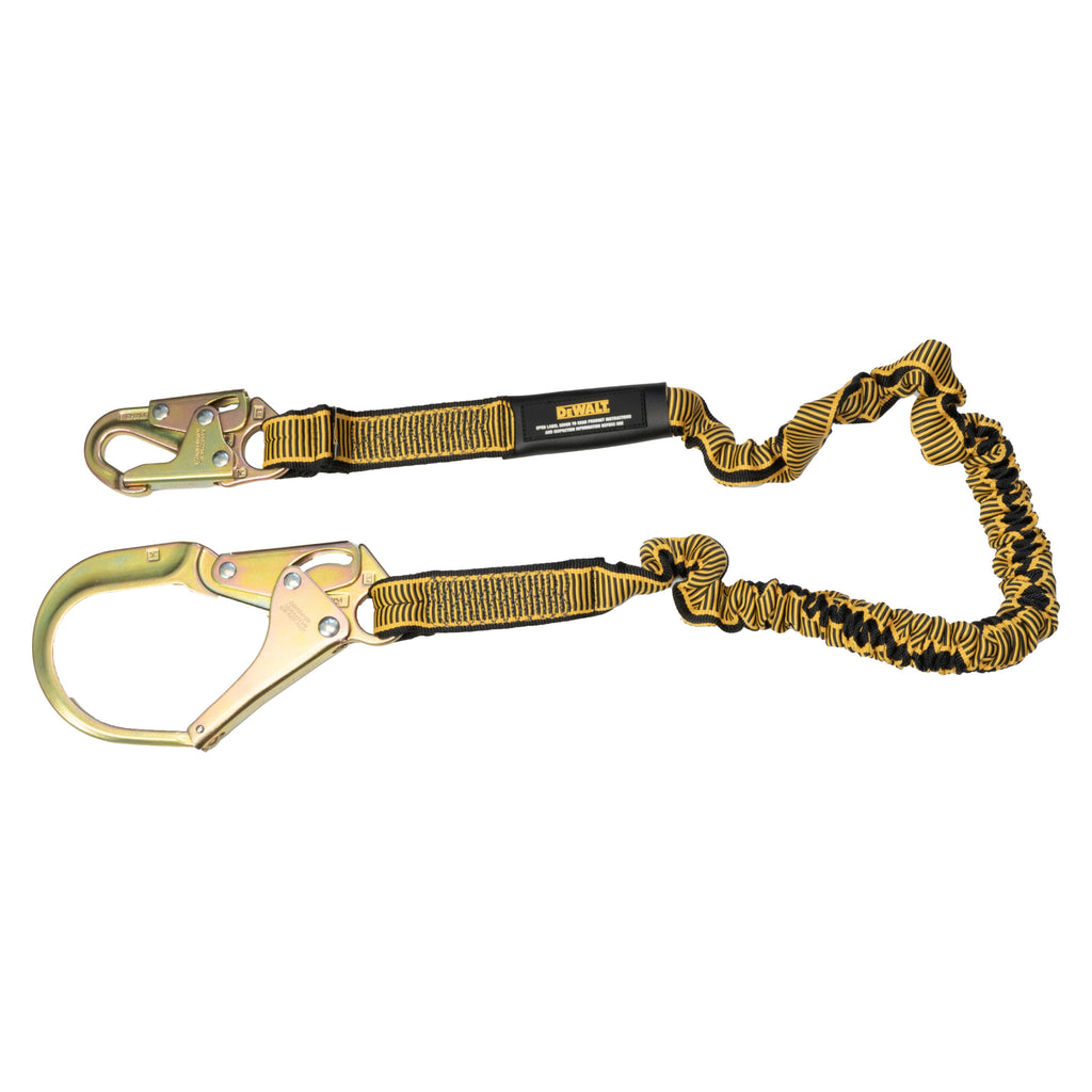 DEWALT 6 ft. (1.8 m) Single Leg Lanyard Internal Energy Absorber, 4 ft. to 6 ft. Stretch with Steel Snap hook on D-Ring End and Steel Rebar Hook on Anchor End.
