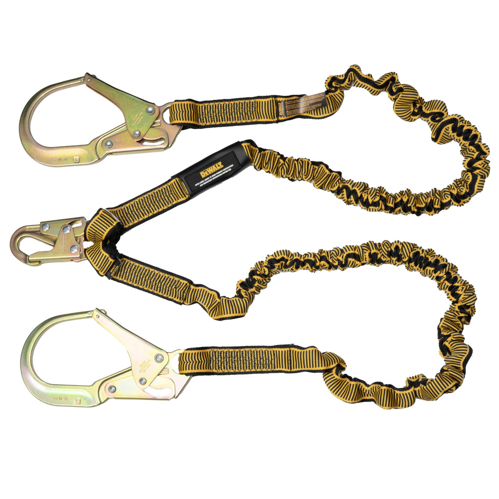 DEWALT 6 ft. (1.8 m) Twin Leg Lanyard Internal Energy Absorber, 4 ft. to 6 ft. Stretch with Steel Snap hook on D-Ring End and Steel Rebar Hooks on Anchor End.