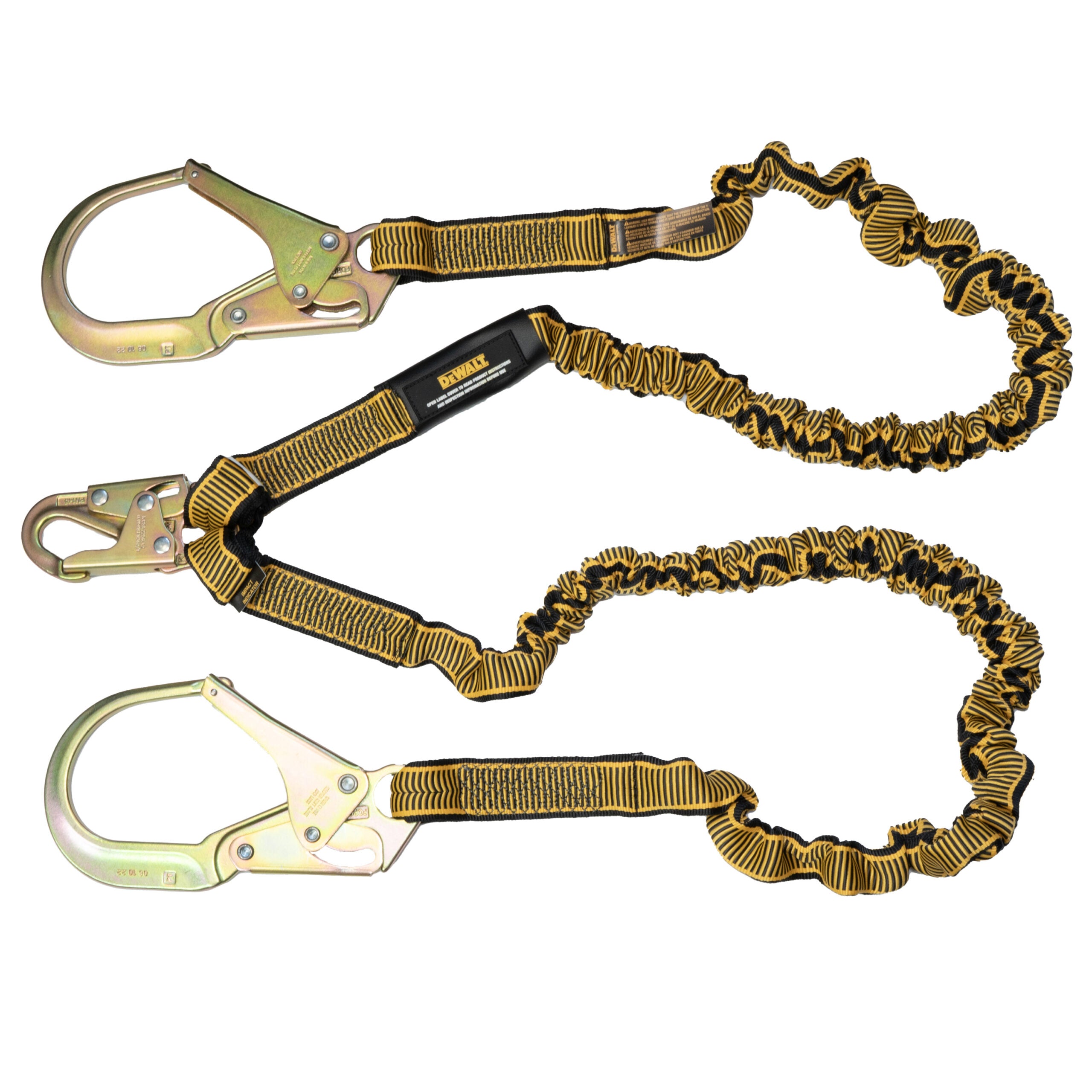 DEWALT 6 ft. (1.8 m) Twin Leg Lanyard Internal Energy Absorber, 4 ft. to 6 ft. Stretch with Steel Snap hook on D-Ring End and Steel Rebar Hooks on Anchor End.