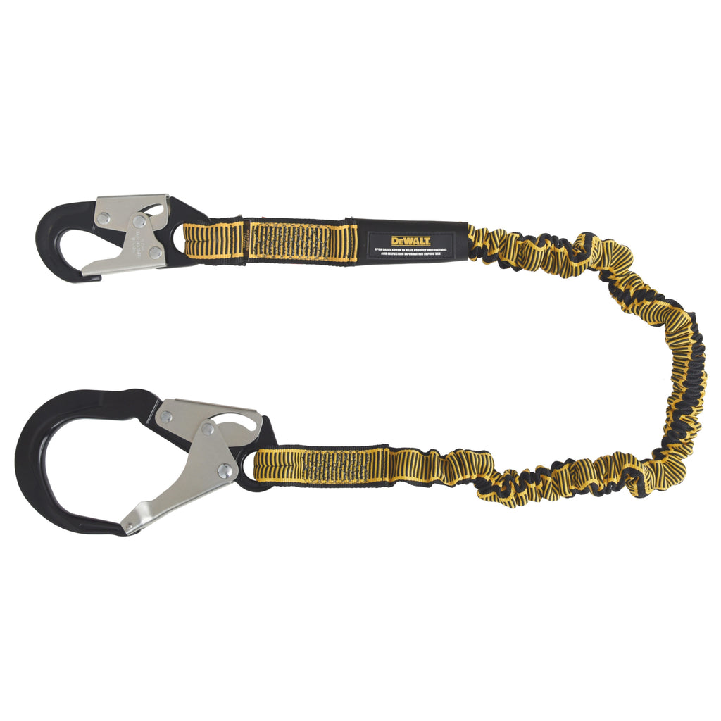 DEWALT 6 ft. (1.8 m) Single Leg Lanyard Internal Energy Absorber, 4 ft. to 6 ft. Stretch with Steel Snap hook on D-Ring End and Steel Rebar Hook on Anchor End.