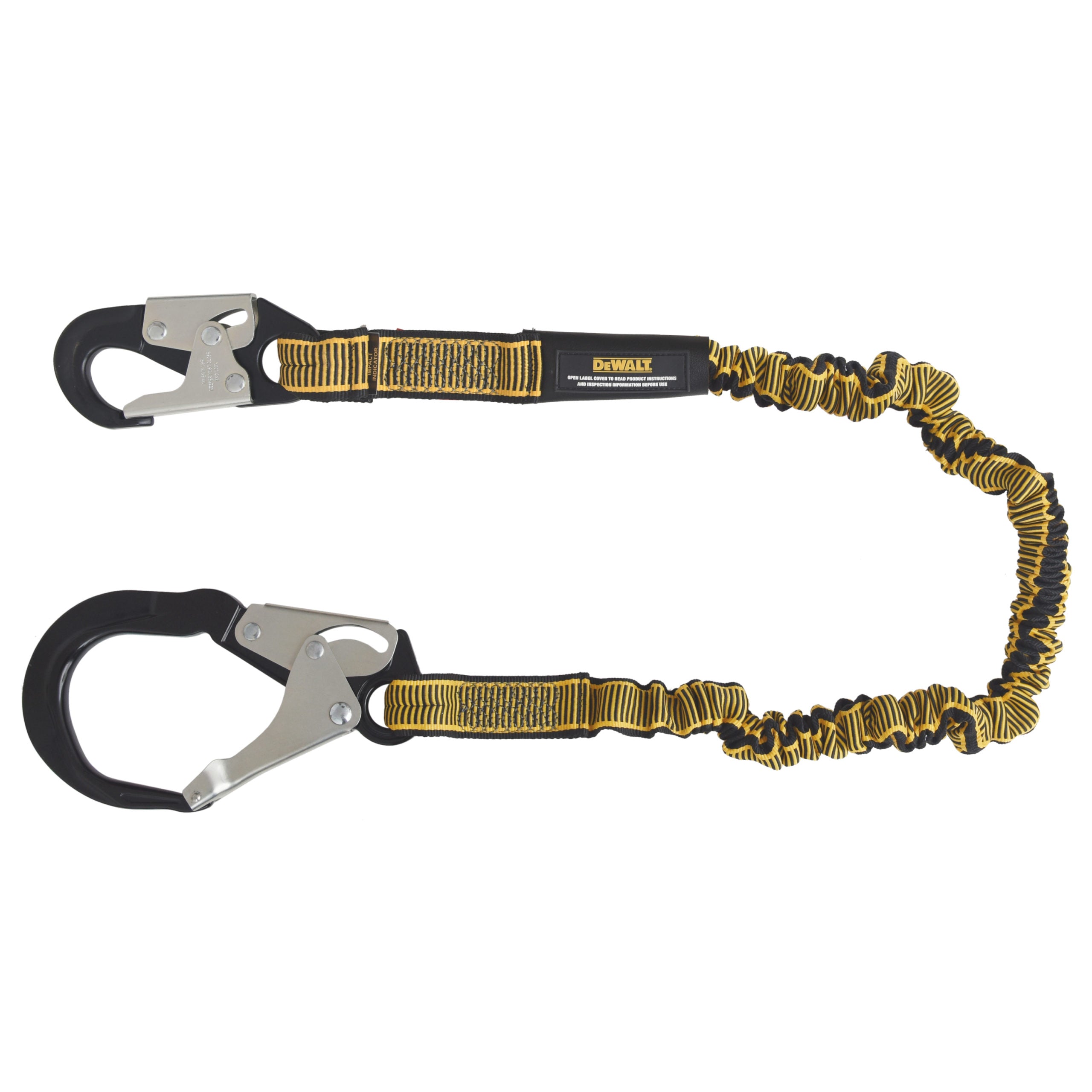 DEWALT 6 ft. (1.8 m) Single Leg Lanyard Internal Energy Absorber, 4 ft. to 6 ft. Stretch with Steel Snap hook on D-Ring End and Steel Rebar Hook on Anchor End.