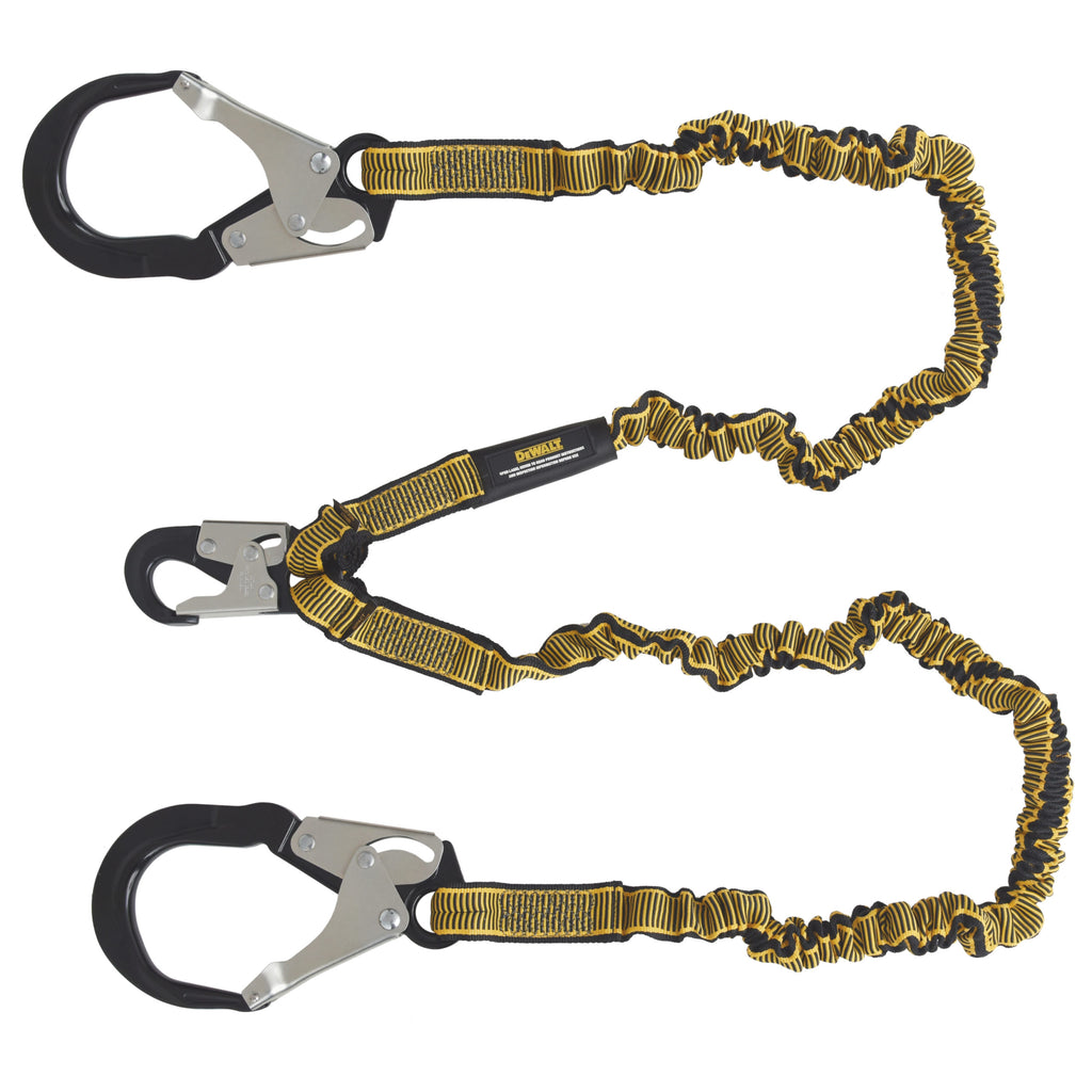 DEWALT 6 ft. (1.8 m) Twin Leg Lanyard Internal Energy Absorber, 4′ to 6′ Stretch with Steel Snap hook on D-Ring End and Steel Rebar Hooks on Anchor End.