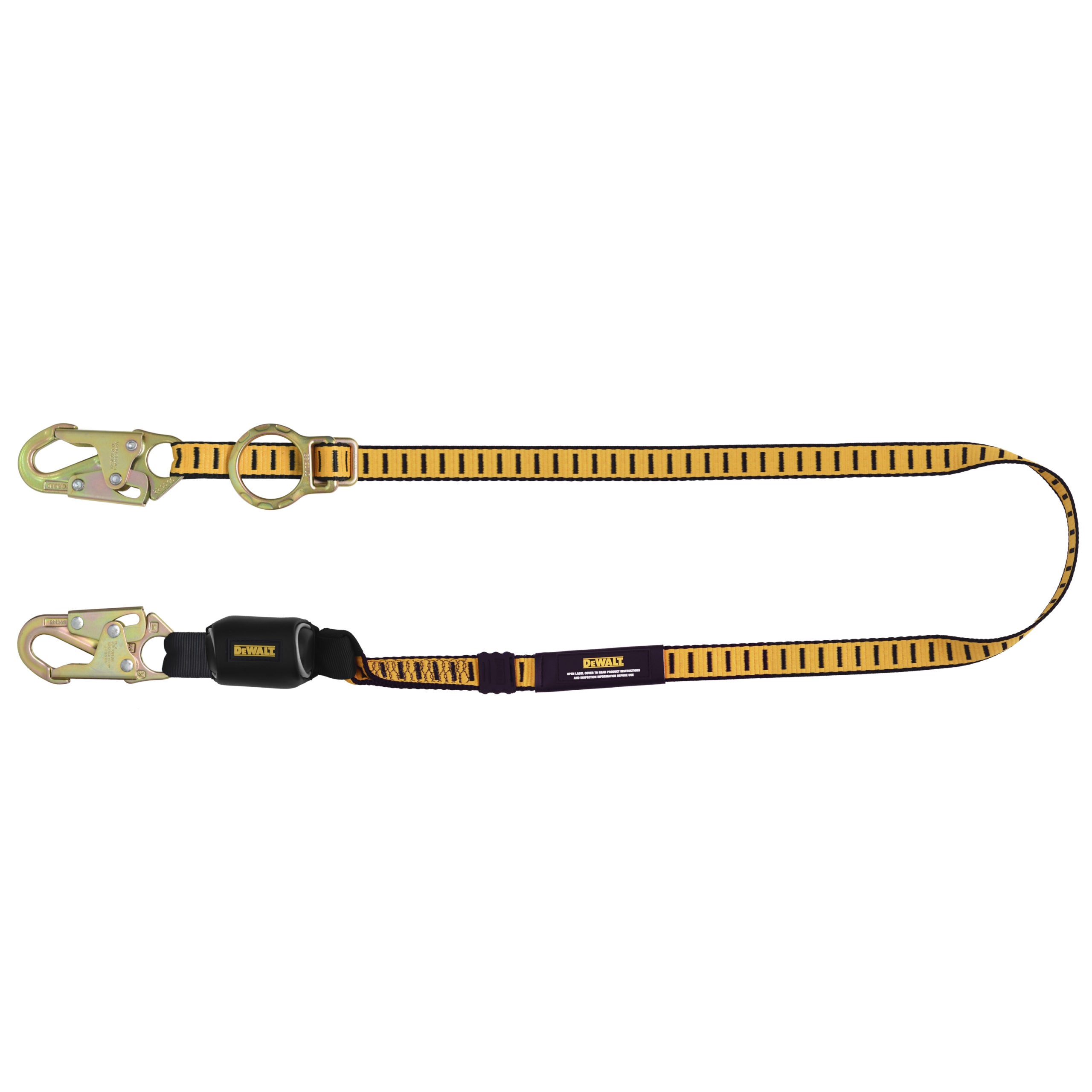 DEWALT 6 ft.(1.8 m) Single Leg Lanyard, External Energy Absorber, Tie-Back to D-Ring, Adjustable, Steel Snap Hooks Both Ends