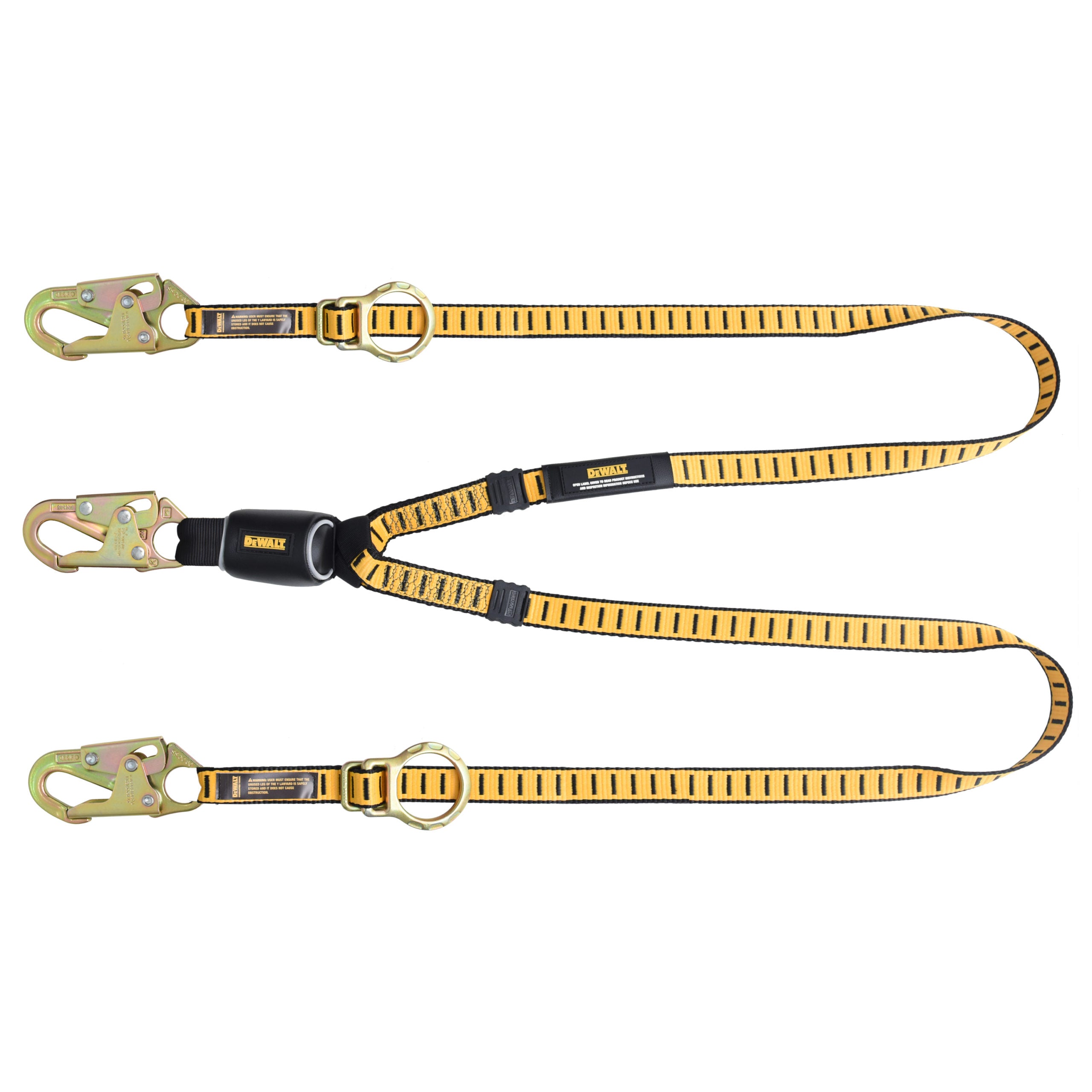 DEWALT 6 ft.(1.8 m) Twin Leg Lanyard, External Energy Absorber, Tie-Back to D-Ring, Adjustable, Steel Snap Hooks Both Ends