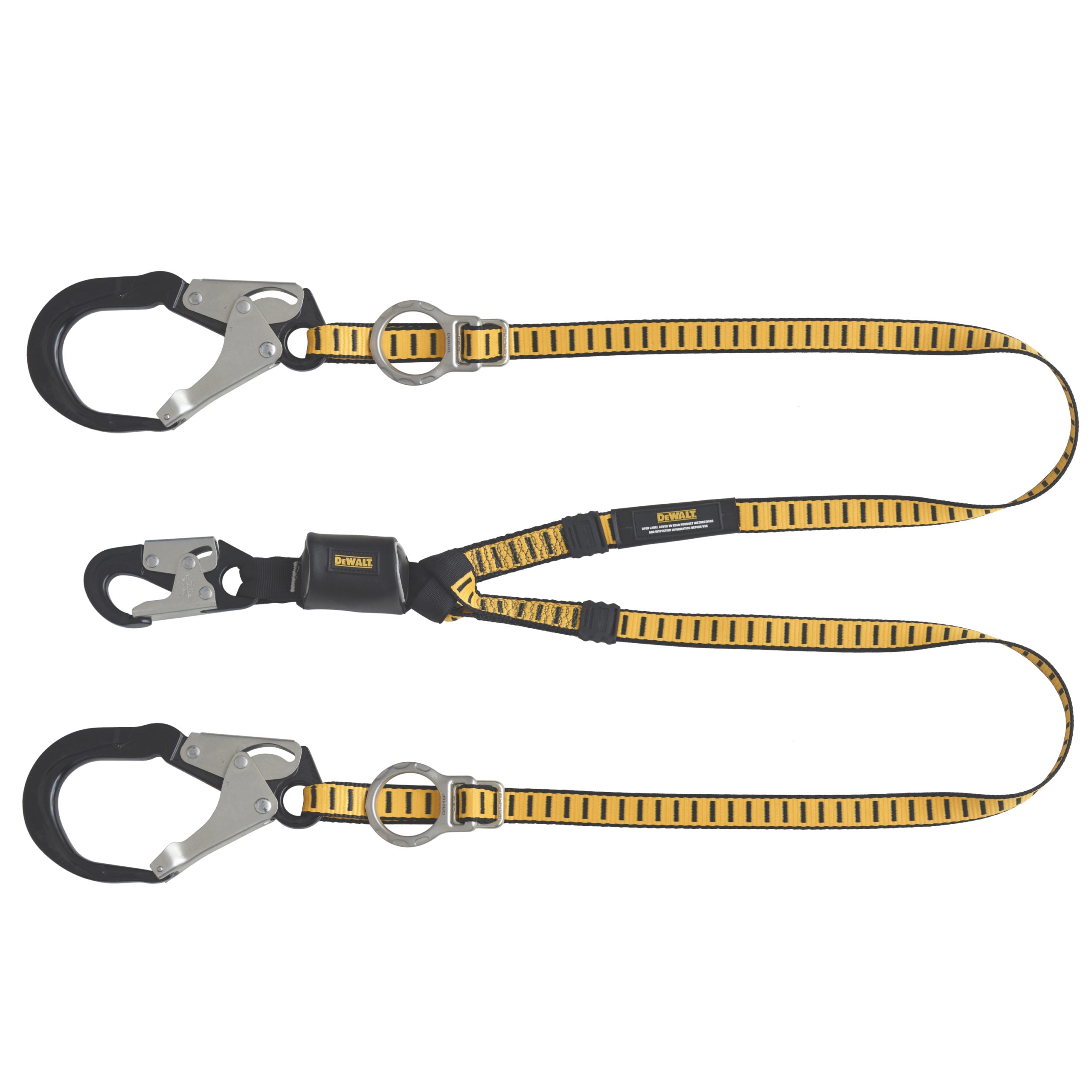 DEWALT 6 ft.(1.8 m) Twin Leg Lanyard, External Energy Absorber, Tie-Back to D-Ring, Adjustable, Aluminum Steel Snap Hooks on D-Ring End, and Aluminum Rebar Hooks on Anchor End