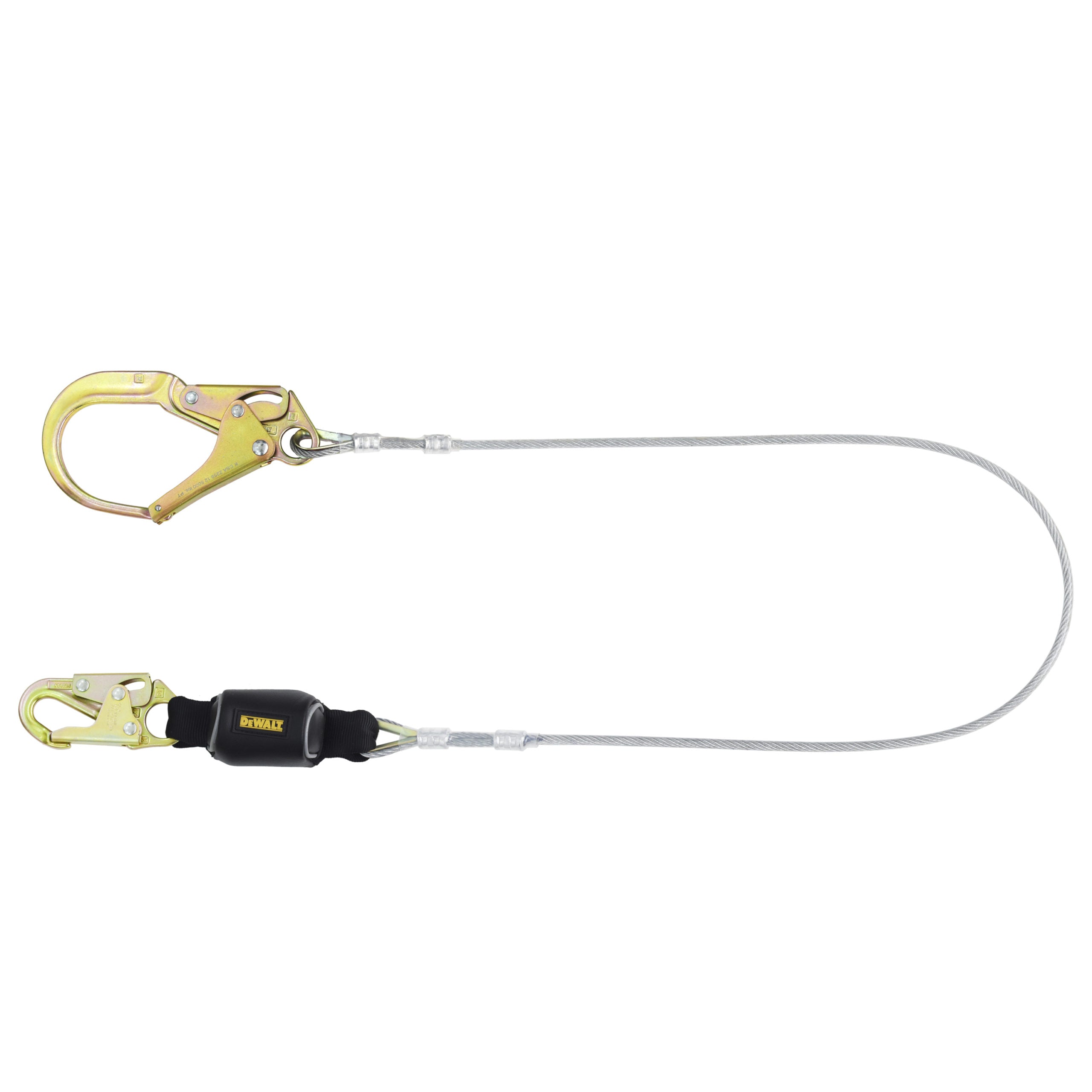 DEWALT 6 ft.(1.8 m) Single Lanyard, External Energy Absorber, Leading Edge Cable with Steel Snap hooks and Steel Rebar Hook on Anchor End.