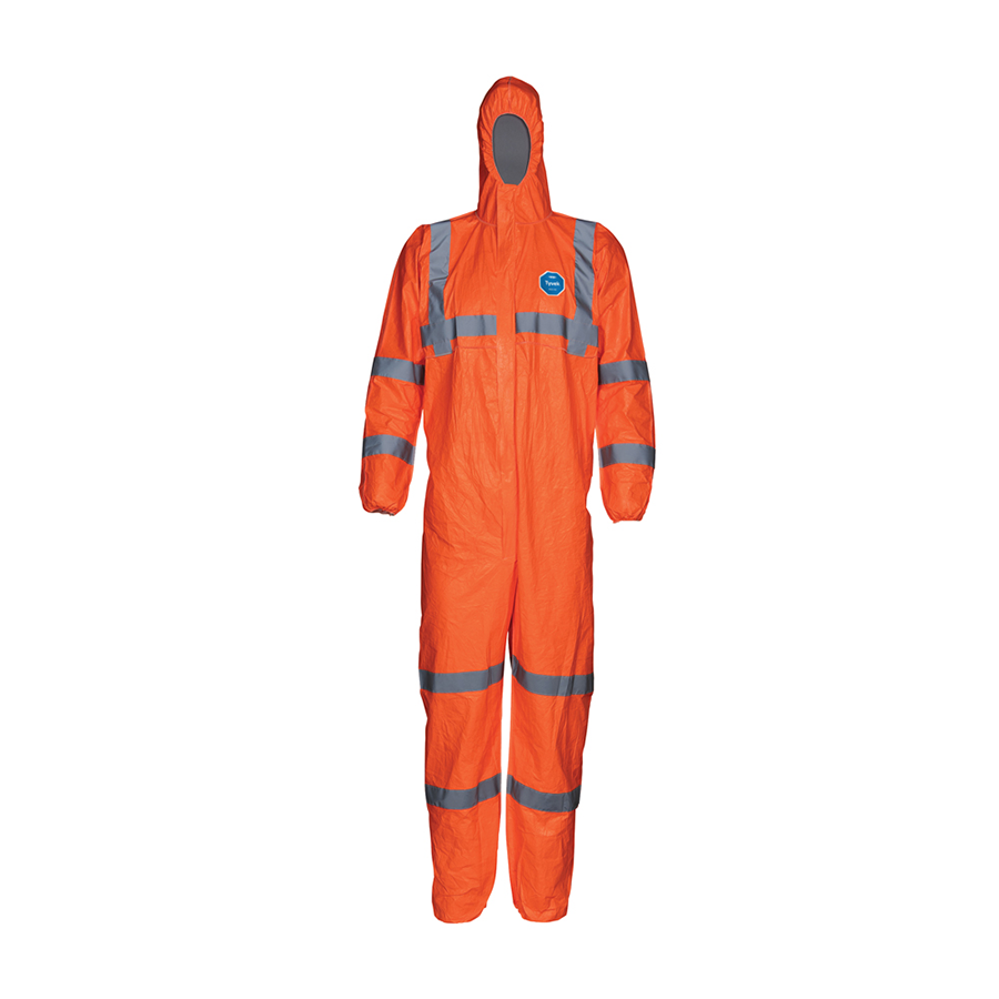 Tyvek Coverall, Attached Hood, L, HI VIZ Orange